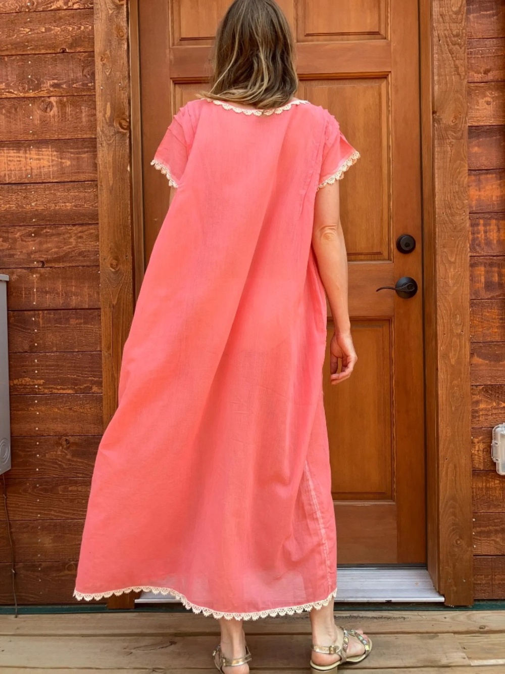 1930's Embroidered Sheer Pink Cotton Dressing Gown Night Gown Dress floral lace - Picture 3 of 10